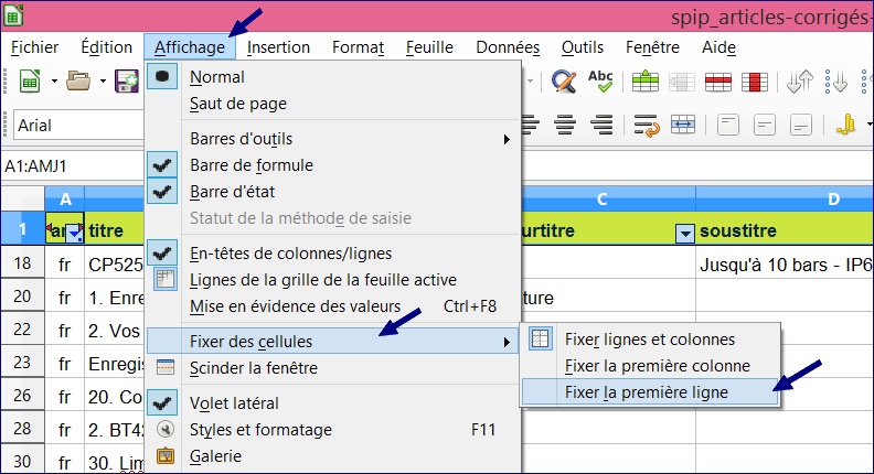LibreOffice Calc Figer-volets Affichage-FixerCellules